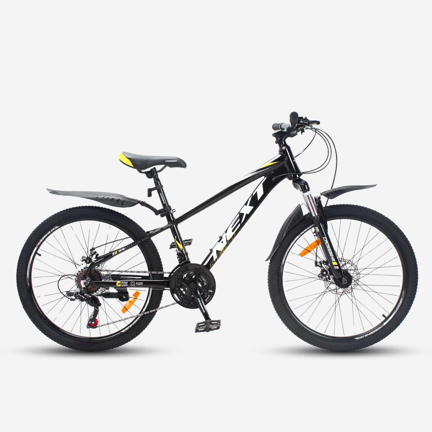 Гірський велосипед CrossBike Next 2025 24" чорний з жовтим, алюмінієва рама 11", вид збоку