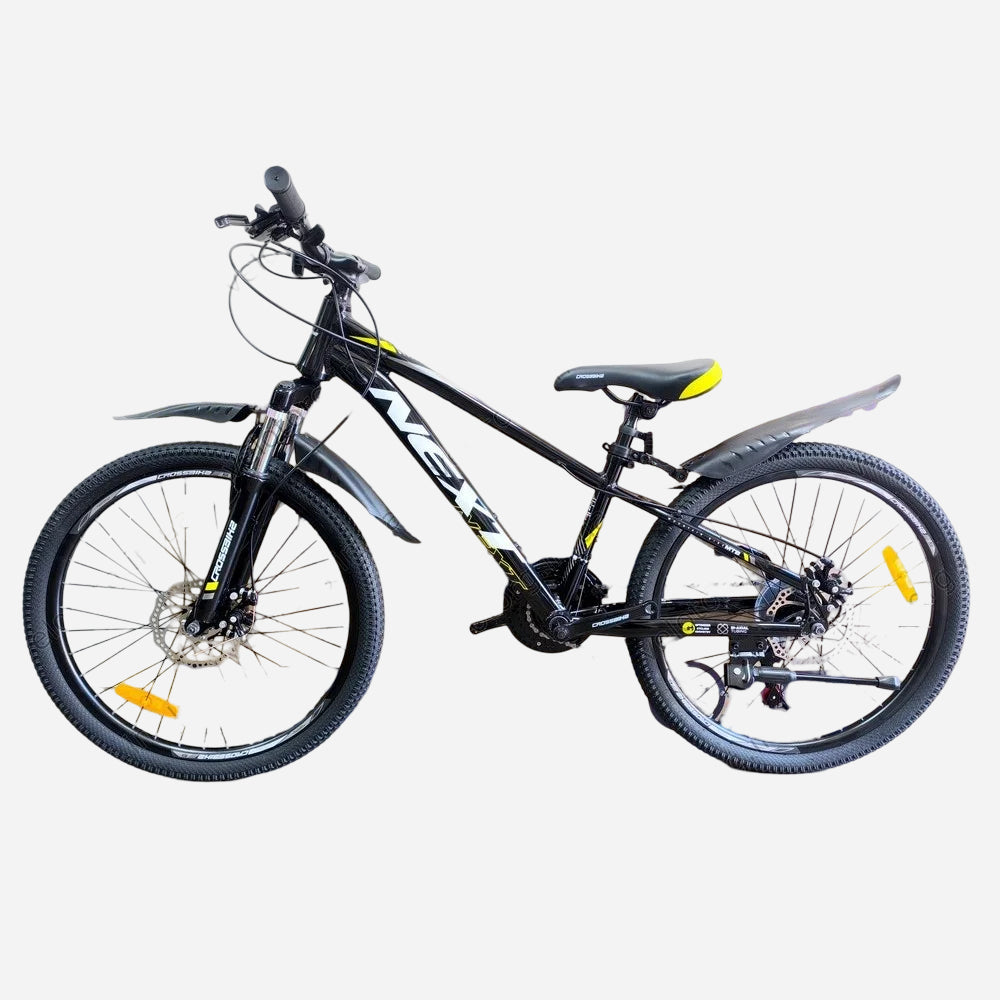 Гірський велосипед CrossBike Next 2025 24" чорний з жовтим, алюмінієва рама 11", з крилами та підніжкою