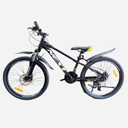 Гірський велосипед CrossBike Next 2025 24" чорний з жовтим, алюмінієва рама 11", з крилами та підніжкою