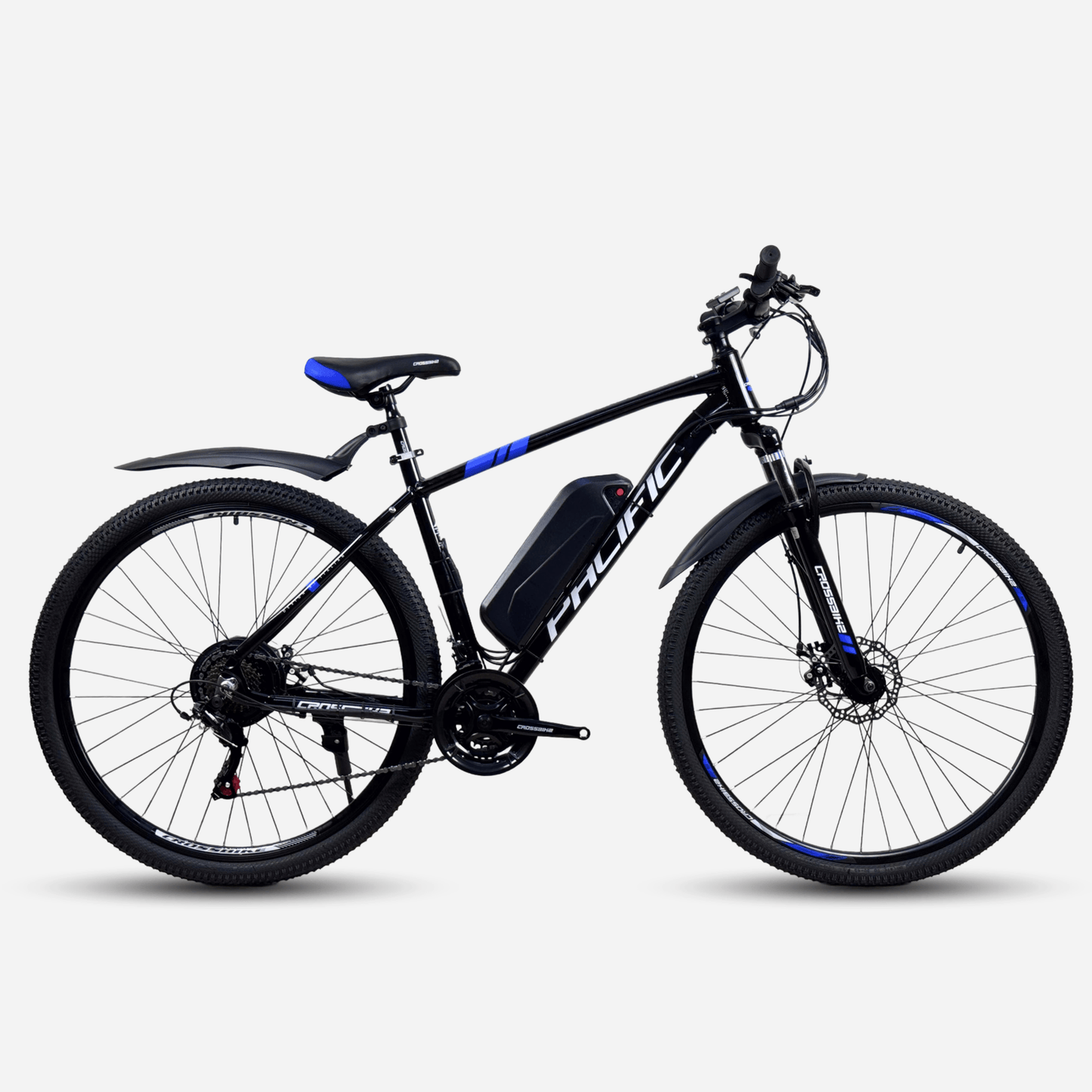 Електровелосипед CrossBike Pacific 29" чорний з синім, вид справа, рама 19"