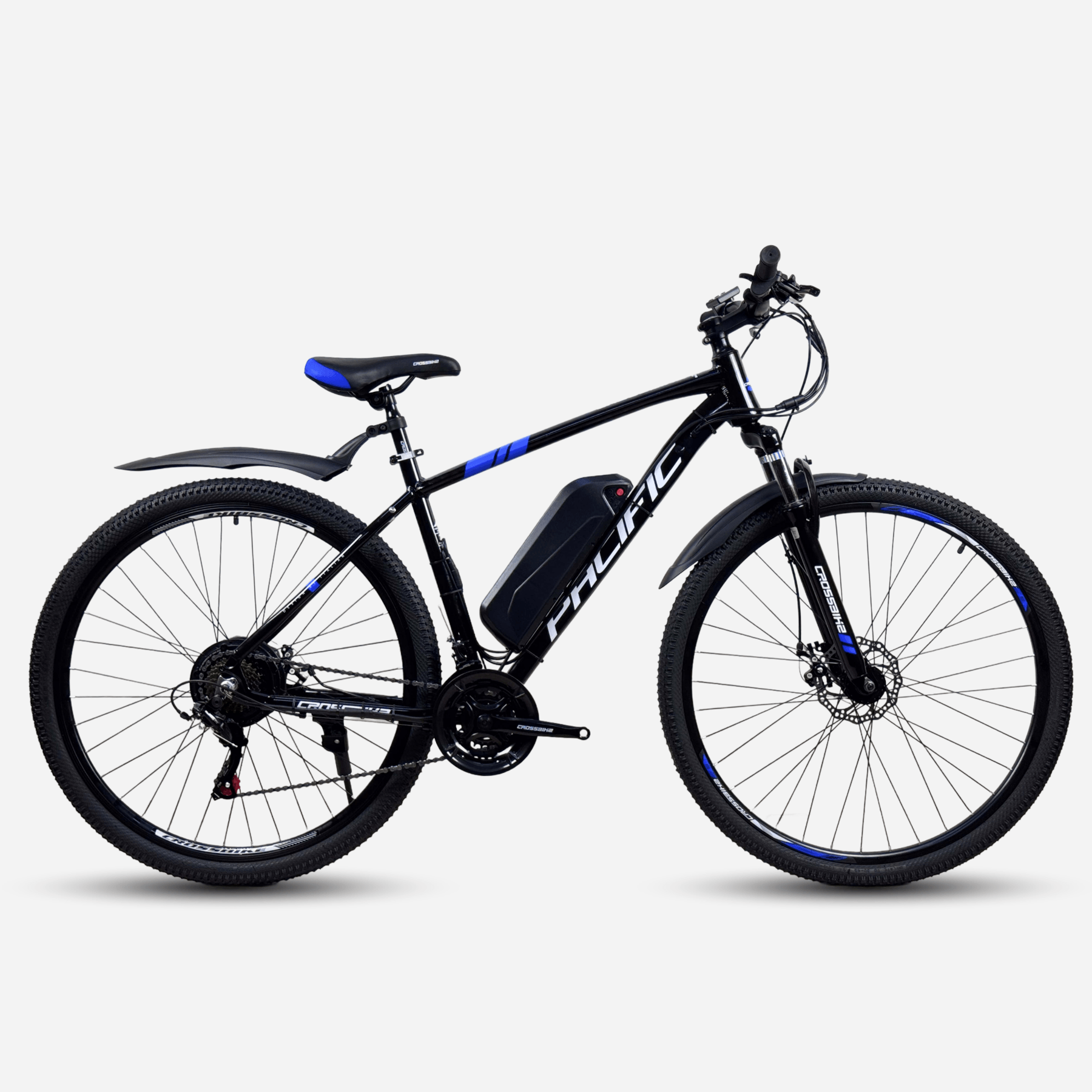 Електровелосипед CrossBike Pacific 29" чорний з синім, вид справа, рама 19"