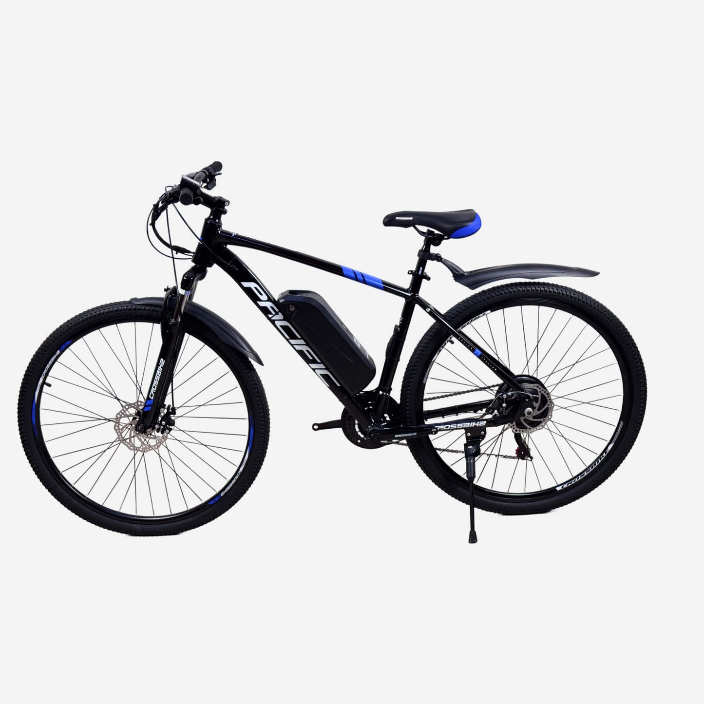Електровелосипед CrossBike Pacific 29" чорний з синім, вид зліва, рама 19"