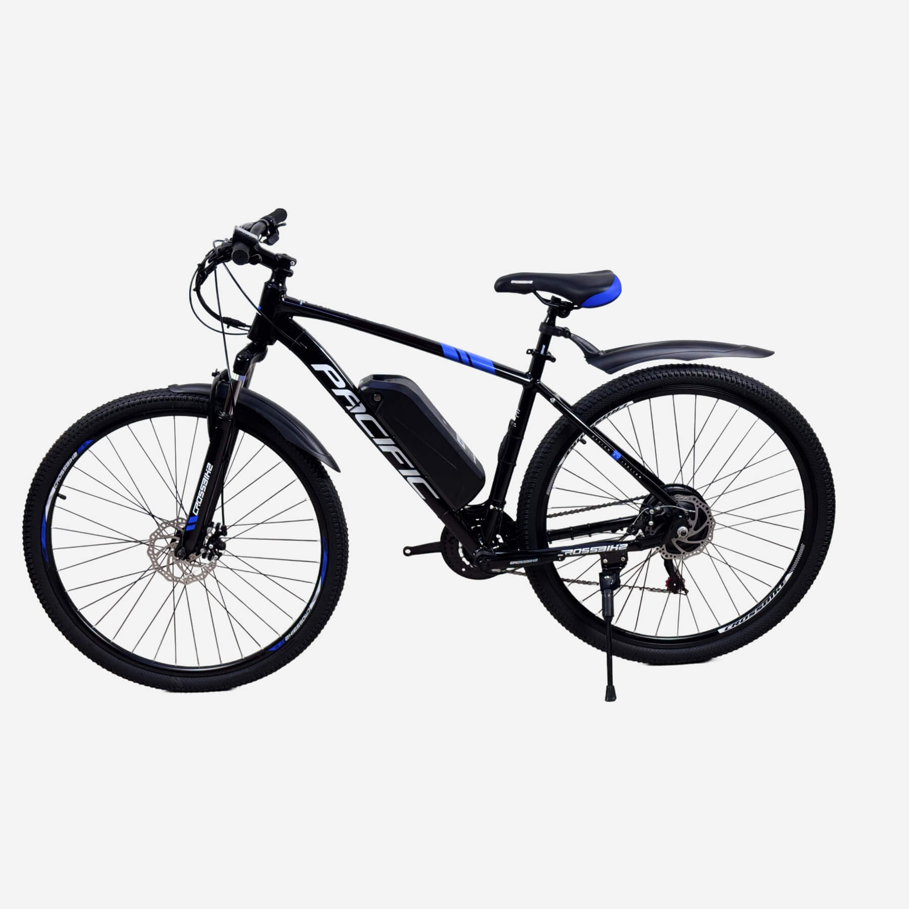 Електровелосипед CrossBike Pacific 29" чорний з синім, вид зліва, рама 19"
