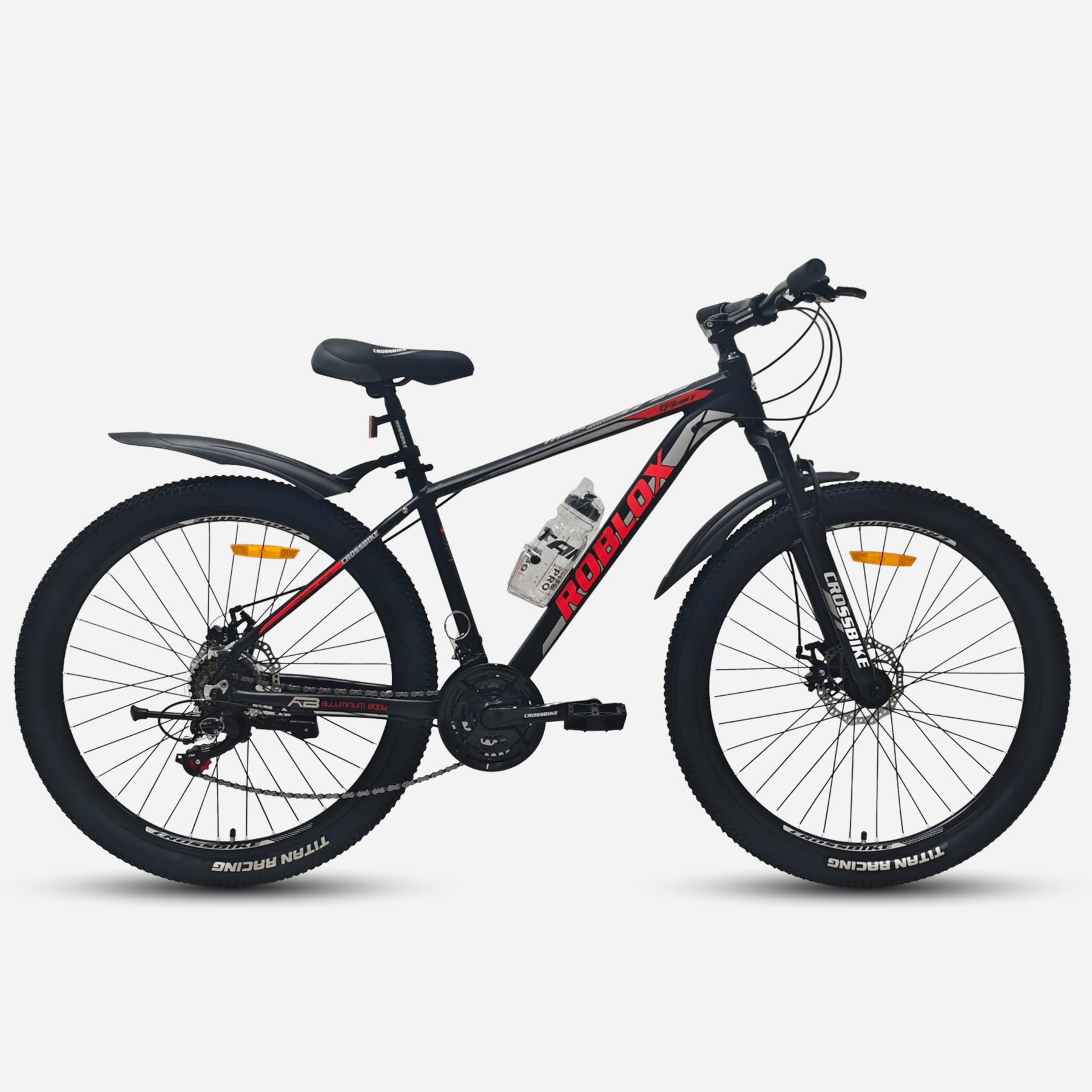 Гірський велосипед CrossBike Roblox 27.5" чорний з червоним, вид збоку, дискові гальма, трансмісія Shimano