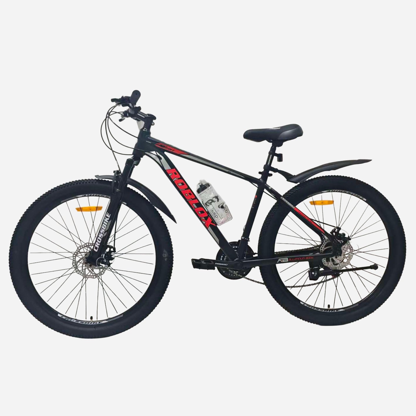 Гірський велосипед CrossBike Roblox 27.5" чорний з червоним, вид зліва, амортизаційна вилка, дискові гальма