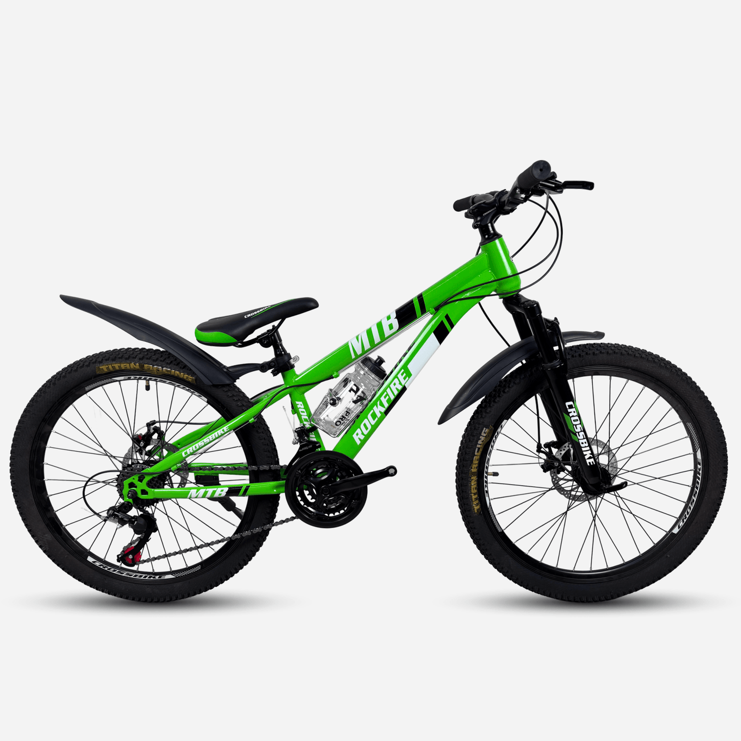 Гірський велосипед CrossBike Rockfire 26" зелений, вид збоку з крилами та підніжкою