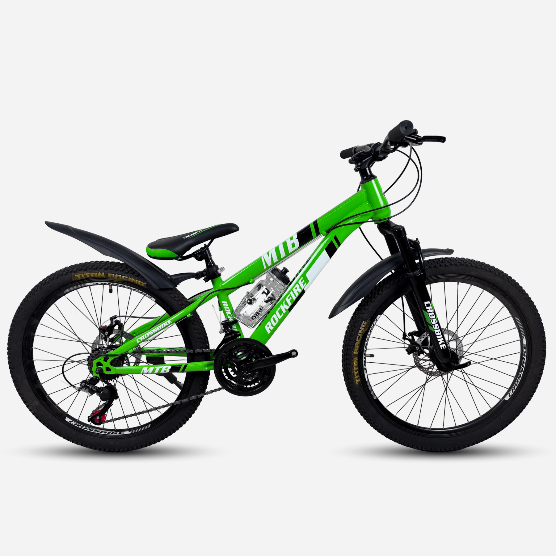 Гірський велосипед CrossBike Rockfire 26" зелений, вид збоку з крилами та підніжкою